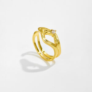 White Copper Gold Plated Multi-Layer Open Ring, 20x10mm Size, Pear CZ Accent, Irregular Wavy Band Design-TTR124