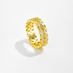 White Copper Gold Plated Eternity Band Ring, 6mm Width, Double Row Round CZ Bezel Setting-TTR123