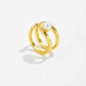 White Copper Gold Plated Multi-Band Open Ring, 21mm Size, Pearl Accent, Smooth Curved Bands-TTR119