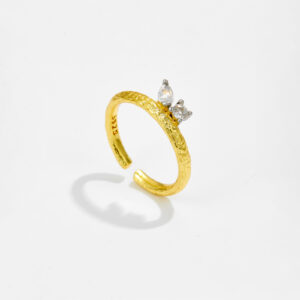 White Copper Gold Plated Textured Open Ring, 22x7mm Size, Marquise & Round CZ Accents, Hammered Band-TTR118