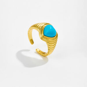 White Copper Gold Plated Heart Turquoise Open Ring, 20x12mm Size, Ribbed Band Design-TTR114
