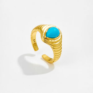 White Copper Gold Plated Turquoise Open Ring, 21x11.5mm Size, Ribbed Band Design-TTR113