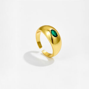 White Copper Gold Plated Domed Open Ring, 21x9mm Size, Oval Emerald CZ Accent, Smooth Polished Band-TTR115