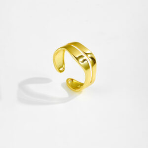 White Copper Gold Plated Open Ring, 20.5x9.5mm Size, Kelp-Shaped Dual Layer Band, Smooth Polished Finish-TTR127