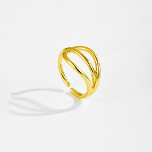 White Copper Gold Plated Multi-Band Open Ring, 21x13mm Size, Intertwined Curved Band Design, Smooth Polished Finish-TTR126