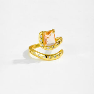 White Copper Gold Plated Open Cuff Ring, 23x9mm Size, Radiant Cut Peach CZ Center Stone with Round CZ Accents, Split Band Design-TTR125