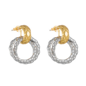 Brass Gold Plated Two-Tone Twist Hoop Earrings, 19mm Diameter × 13mm Top, Braided Textured Design-HTE008
