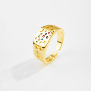 White Copper Gold Plated Adjustable Ring, 9mm Width, Multi-Color CZ Inlay, Moon Cutout & Star Bezel-Set CZ, Smooth Band-TTR153