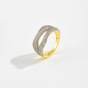 White Copper Gold Plated Dual Layer Ring, 10.5mm Width, Paved Round CZ Setting, Wavy Band Design-TTR133