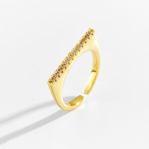 White Copper Gold Plated Adjustable Ring, 2.4mm Width, Angled Design, Pave-Set Champagne CZ, Smooth Band