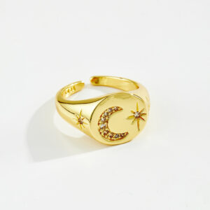 White Copper Gold Plated Adjustable Ring, 12mm Width, Moon & Star Design, Pave-Set Clear CZ, Smooth Chunky Band-TTR181