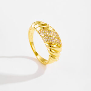 White Copper Gold Plated Band Ring, 8.6mm Width, Braided Design with Central CZ Pave, Smooth Band-TTR151