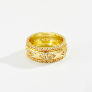 White Copper Gold Plated Ring, 8mm Width, Vintage Evil Eye, Full Pave Clear CZ, Chunky Band-TTR182