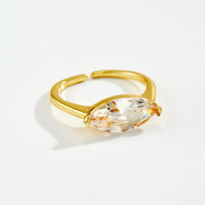 White Copper Gold Plated Adjustable Ring, 7mm Width, Minimalist INS Style, Large Marquise Champagne CZ, Smooth Band-TTR183