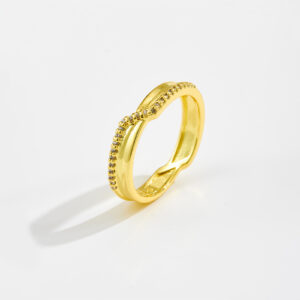 White Copper Gold Plated Curved Stackable Band Ring, 4mm Width, Half Paved Round CZ Accents, Smooth Polished Finish-TTR134