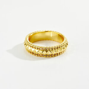 White Copper Gold Plated Ring, 5.5mm Width, Classic Vintage Style, Wavy Textured Design, Pave-Set Clear CZ, Chunky Band-TTR184