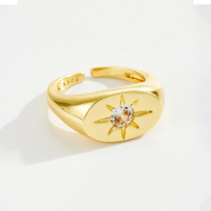 White Copper Gold Plated Adjustable Ring, 10mm Width, Oval Signet Design, Single Starburst, Bezel-Set Multi-Color CZ-TTR187