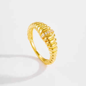 White Copper Gold Plated Ring, 4mm Width, Central CZ, Tapered Layered Band-TTR150