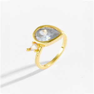 White Copper Gold Plated Ring, 14mm Width, Large Teardrop CZ with Accent CZ, Two Color Options, Smooth Band-TTR164