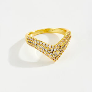 White Copper Gold Plated Ring, 7.5mm Width, V-Shaped Design, Full Pave-Set Clear CZ, Smooth Chunky Band-TTR188