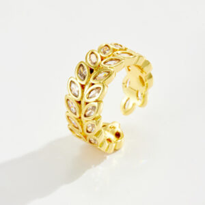 White Copper Gold Plated Adjustable Ring, 8mm Width, Wheat Ear Design, Bezel-Set Marquise Clear CZ, Chunky Band-TTR189