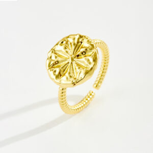 White Copper Gold Plated Ring, 14.5mm Width, Hammered Sunburst Signet Design, Textured Twist Band-TTR191