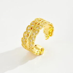 White Copper Gold Plated Adjustable Ring, 9mm Width, Vintage Double-Row Wheat Ear Design, Pave-Set Clear CZ-TTR190