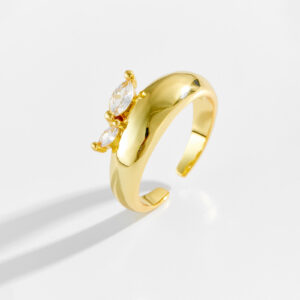 White Copper Gold Plated Adjustable Ring, 9mm Width, Side-Set Double Marquise CZ, Smooth Polished Band-TTR165