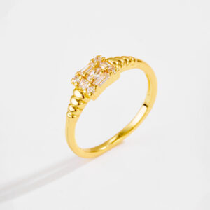 White Copper Gold Plated Ring, 5.7mm Width, Baguette & Round CZ Cluster, Ribbed Band-TTR152