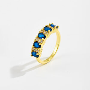 White Copper Gold Plated Half Eternity Ring, 5.8mm Width, Spaced Oval CZ (Blue/Orange/Green), Smooth Band-TTR140