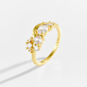 White Copper Gold Plated Ring, 7.5-8mm Width, Cluster-Set Mixed-Cut CZ, Two Color Options, Smooth Band-TTR166