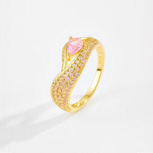 White Copper Gold Plated Ring, 8mm Width, Pink Teardrop CZ, Ombre CZ Pave, Curved Band-TTR157