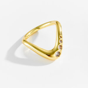 White Copper Gold Plated Ring, 5.5mm Width, Geometric Triangle Shape, Side-Set Champagne CZ, Smooth Polished Band-TTR167