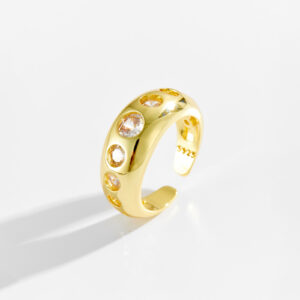 White Copper Gold Plated Adjustable Ring, 9mm Width, Retro Chunky Style, Graduated Bezel-Set Champagne CZ, Smooth Polished Band-TTR168