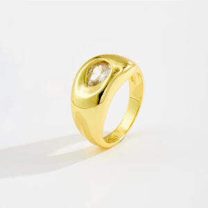 White Copper Gold Plated Chunky Band Ring, 10.5mm Width, Pear Cut CZ (Clear/Garnet Red), Smooth Polished Finish-TTR138/TTR139