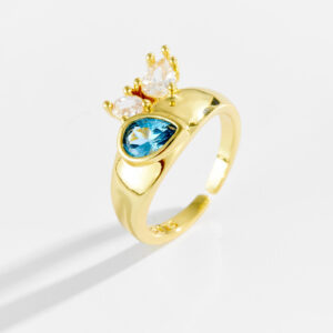 White Copper Gold Plated Adjustable Ring, 11.5mm Width, Bezel-Set Teardrop Blue CZ, Prong-Set Marquise Clear CZ Accent, Smooth Chunky Band-TTR170