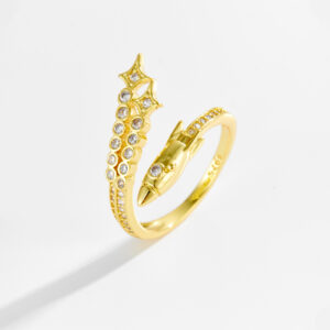 White Copper Gold Plated Ring, 7mm Width, Double Row Star Rocket, Pave Clear CZ, Smooth Band-TTR171