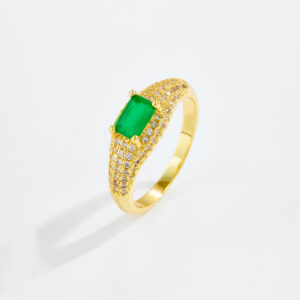 White Copper Gold Plated Ring, 7mm Width, Emerald-Cut Green CZ, Clear CZ Pave, Curved Band-TTR158