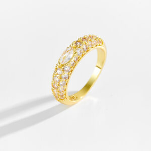 White Copper Gold Plated Ring, 5.4mm Width, Pave-Set Champagne CZ, Marquise Clear CZ Accent, Smooth Band-TTR172