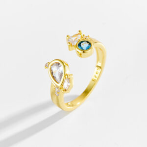 White Copper Gold Plated Open Ring, 8.5-9.5mm Width, Mixed-Cut Clear & Blue CZ, Smooth Polished Band-TTR175