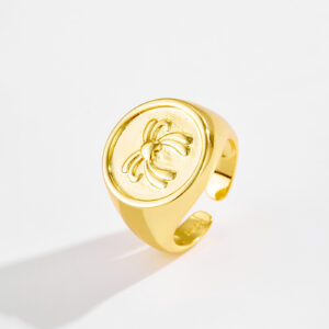 White Copper Gold Plated Adjustable Signet Ring, 17.5mm Width, 3D Bow Engraved, Smooth Band -TTR149