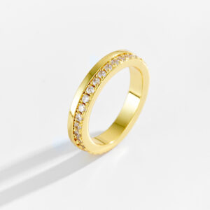 White Copper Gold Plated Ring, 4mm Width, Half Eternity Pave-Set Clear CZ, Smooth Polished Band-TTR176