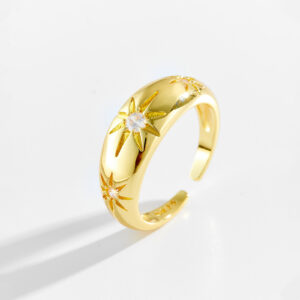 White Copper Gold Plated Adjustable Ring, 7.5mm Width, Starburst Design, Bezel-Set CZ (Clear/Lavender/Blue/Pink Options), Smooth Chunky Band-TTR177