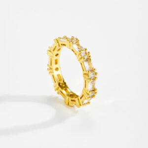 White Copper Gold Plated Eternity Ring, 4.2mm Width, Baguette & Round CZ, Full Pavé Band -TTR145