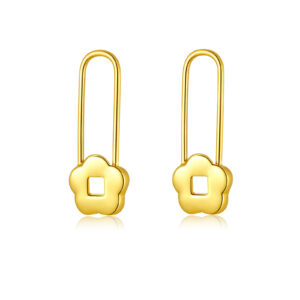 925 Silver Gold-Plated Flower Safety Pin Huggies Earrings-MME1243