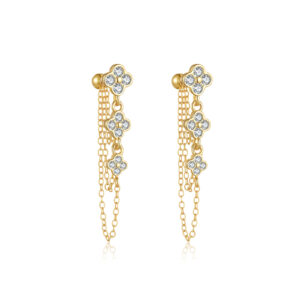 925 Sterling Silver Gold-Plated Clover Drop Earrings with Clear CZ & Chain Drops-MME1298