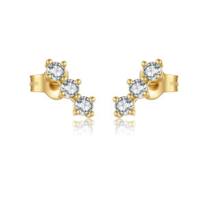 925 Silver Gold Three-Stone CZ Stud Earrings-MME1318