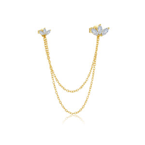 925 Silver Gold Marquise CZ Double Chain Tassel Stud Earrings-MME1325