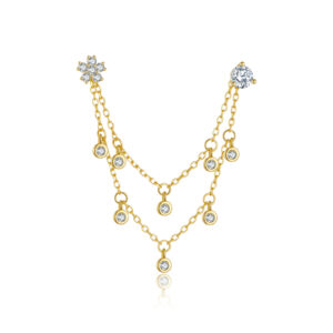 925 Silver Gold Flower & Round CZ Double Chain Earrings-MME1327