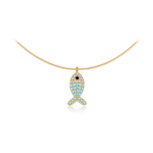 925 Silver Gold-Plated CZ Fish Pendant Snake Chain Necklace-MMN701